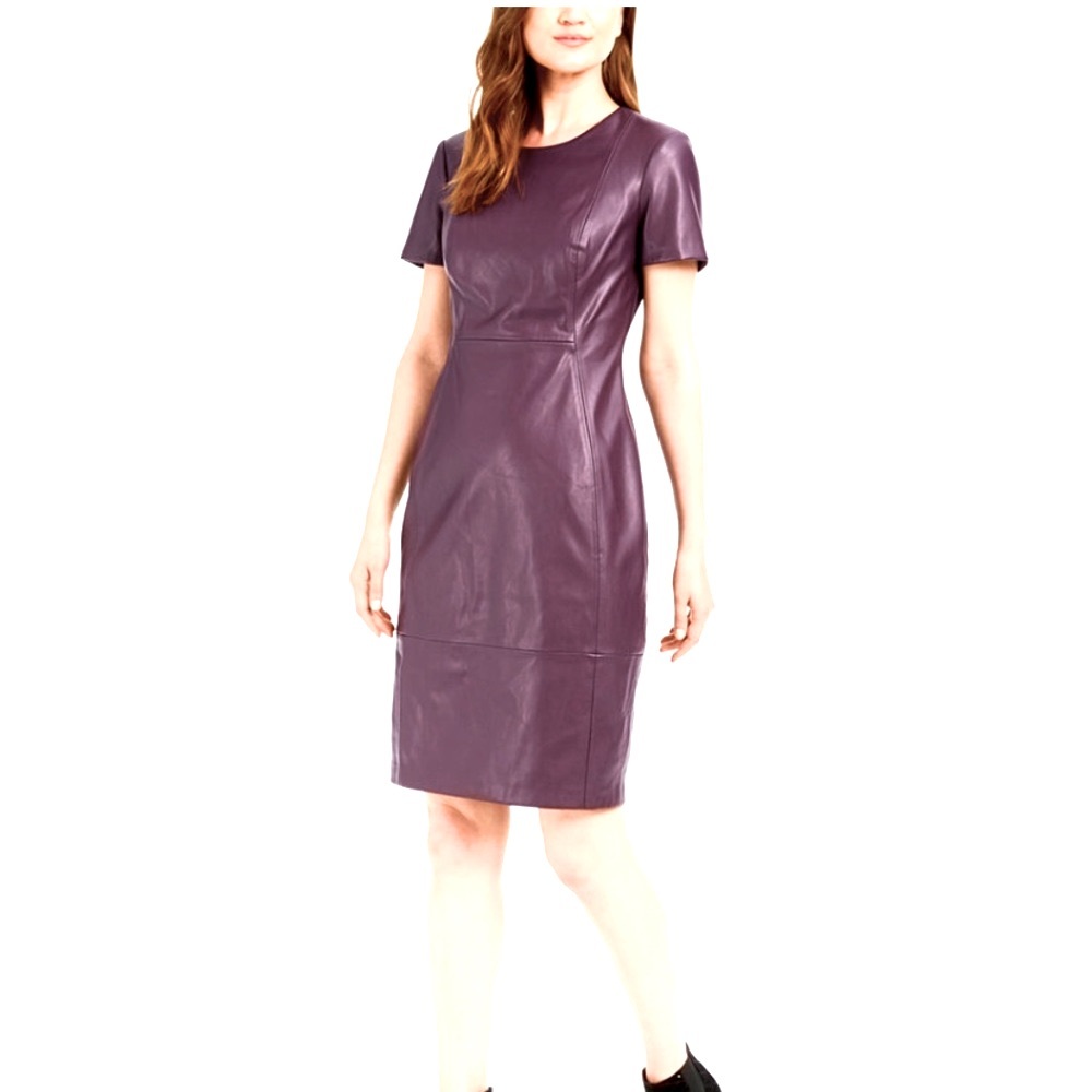 Calvin Kleine Auburn Faux Leather Sheath Dress with Gold Zipper